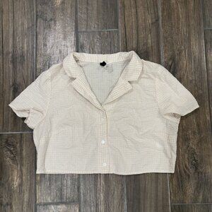Divided Crop Top Button Front Plaid Tan White Size Large (126)